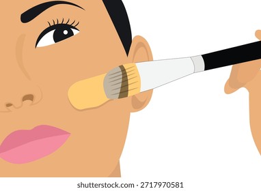 A close-up illustration of a person's face being applied with makeup, likely foundation or concealer, using a cosmetic brush.