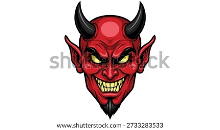 A close-up illustration of a red devil's face, featuring pointed ears, sharp horns, a menacing grin, and glowing yellow eyes.