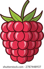 A close-up illustration of a ripe red raspberry, showcasing its segmented drupelets and a healthy green stem with leaves.