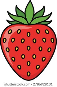 A close-up illustration of a ripe red strawberry featuring numerous small yellow seeds and a crown of fresh green leaves at the top.