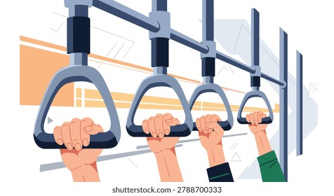 Close-up illustration of several hands of different people holding onto ceiling handles in a moving train or bus representing public transportation.