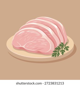 Una ilustración de primer plano de varias chuletas de cerdo crudas y rosadas dispuestas en un plato de madera clara, adornadas con una ramita de perejil verde fresco. El fondo es un sólido, marrón apagado.