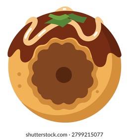 A close-up illustration of a single chocolate donut, featuring a rich chocolate glaze, a swirl of white cream, and a sprig of green garnish.
