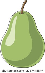 A close-up illustration of a single, smooth, green pear with a glossy sheen and a short brown stem.