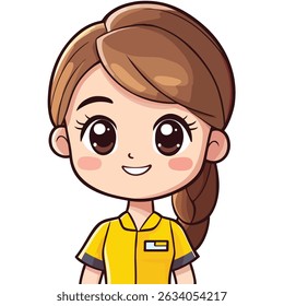 A close-up illustration of a smiling anime-style girl, featuring large eyes, brown hair styled in a braid, and a bright yellow uniform.