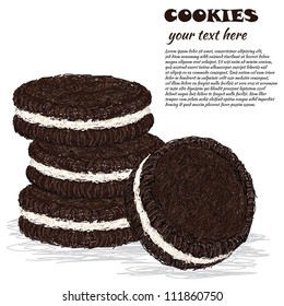 closeup illustration of stack of chocolate cookies with cream filling.