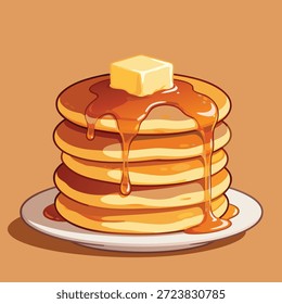 A close-up illustration of a stack of golden-brown pancakes, topped with a melting pat of butter and drizzled with sweet syrup.