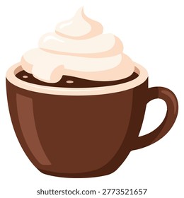 A close-up illustration of a steaming cup of hot chocolate topped with a generous swirl of whipped cream.