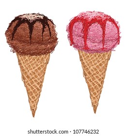 closeup illustration of strawberry and chocolate ice cream in cone with syrup on top.