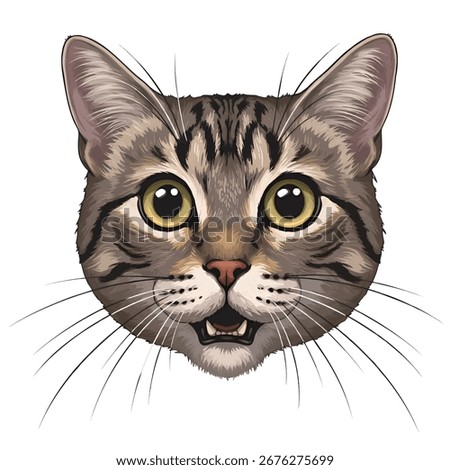 A close-up illustration of a tabby cat's head, showcasing its large, expressive eyes and prominent whiskers.  The cat appears friendly and alert.