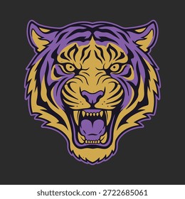 Ilustração em close da cabeça de um tigre com uma expressão agressiva, com listras roxas e amarelas.