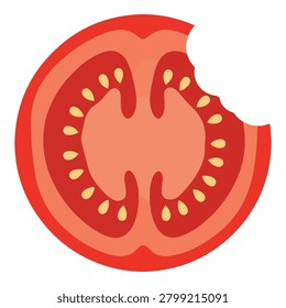 A close-up illustration of a tomato slice with a bite mark, showcasing its seeds and juicy interior.