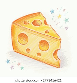 A close-up illustration of a triangular slice of yellow Swiss cheese, featuring characteristic large and small holes, rendered with colored pencils.
