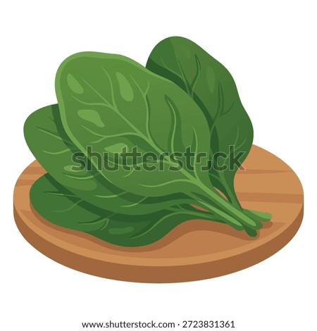 A close-up illustration of vibrant green spinach leaves arranged on a round wooden cutting board.