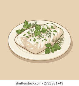 Una ilustración de primer plano de un filete de pescado blanco cubierto con salsa cremosa y adornado con perejil y eneldo, servido en un simple plato blanco.