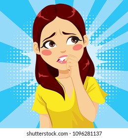 Closeup Illustration Of Woman In Fear Biting Her Fingernails Anxious Comic Pop Art Style Cartoon Background Negative Emotion Facial Expression