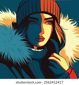 Closeup illustration of a woman in winter clothes at golden hour. Cold girl with a beanie and furry coat under bold sunlight and interesting blue shadows.