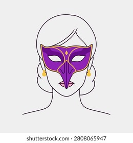 Close-up illustration of a woman's face with a stylized purple masquerade mask adorned with gold accents. Minimalist design.