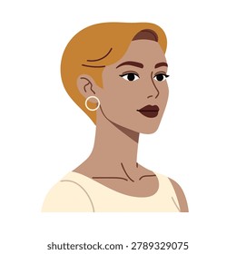 A close-up illustration of a woman's head and shoulders, featuring a modern hairstyle and makeup.