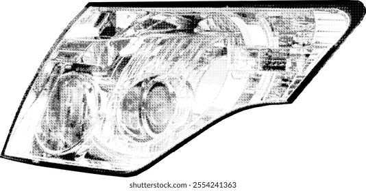 A close-up image of a car headlight, showcasing its intricate details and reflective surfaces, isolated on white background. Halftone dotted retro style vector