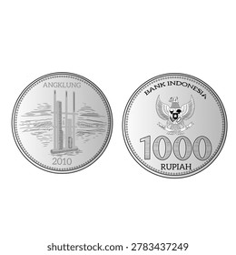 Close-up image of an Indonesian 1000 rupiah coin featuring the traditional Angklung musical instrument and the Garuda Pancasila national emblem. A detailed view of Indonesian currency highlighting cultural heritage, national identity, and metallic coin texture