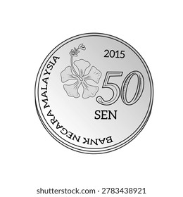 Close-up image of a Malaysian 50 sen coin featuring the Hibiscus flower, also known as Bunga Raya, the national flower of Malaysia. Detailed macro view of Malaysian currency showing floral design, metallic texture, and Southeast Asian cultural identity.