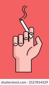 A close-up image of a man's hand holding a lit cigarette with smoke rising, positioned between two fingers. Colored flat design