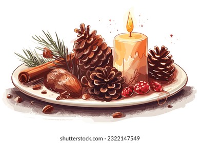 Nahaufnahme von drei brennenden Weihnachtskerzen, Weihnachtsgeschenken und Geschenken, die mit Kerzen und Dekorationen noch Leben einnehmen.