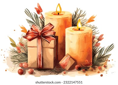 Imagen de clausura de tres velas navideñas ardientes, navidades y regalos aún viven con velas y decoraciones.