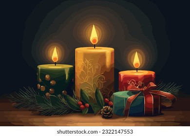 Closeup image of three burning Christmas candles ,christmas and gifts still life with candle and decorations.