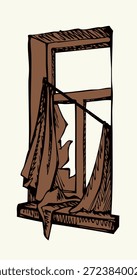 Nahaufnahme Innenansicht retro age rustikale ländliche Hütte Loch chaotischer Schmutz zerrissen verloren hängen Holz Wand
Mülltrennscheibe weißer Himmel. Handgezeichnete Krieg Kick Junk arm gespalten Symbol Zeichen Linie Cartoon Skizze Kunst
Konzept