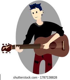 
close-up informal boy stands with a guitar in his hands, dressed in a black sweatshirt and red trousers