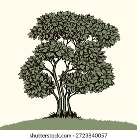 Closeup ink pen line hand drawn green yard grass thicket twig eco life scene logo design retro artist style. Scenic outdoor view fall bloom blossom flower bud sky pencil artwork white card text space
