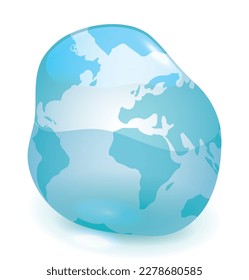 Close-up of an irregular water drop with shiny effect and blue continents. Design in gradient effect.
