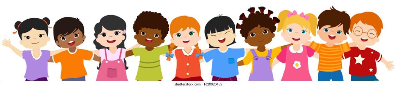 Close-up isolated group of happy and smiling multiethnic children hugging each other.Community or childhood with children of different culture. Multicultural kindergarten. Oneness. Peace. Friendship