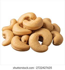 Un primer plano, Imagen aislada de una pila de anacardos tostados sobre un fondo blanco. Las nueces son de color marrón claro a beige, con su característica forma curva claramente visible. Se agrupan, creando un montículo texturizado y apetitoso.