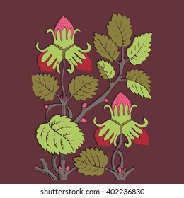 Close-up isolated strawberry berry natural green floral spring herbal red flower leaf line vector botanical symbol summer graphic decor blossom bloom element drawing card illustration detailed bush