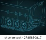 Close-up isometric blueprint of the M2 Bradley infantry fighting vehicle tracks: stylized vector illustration