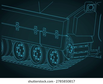 Close-up isometric blueprint of the M2 Bradley infantry fighting vehicle tracks: stylized vector illustration