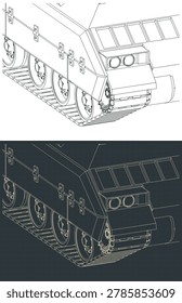 Close-up isometric technical drawing of the M2 Bradley infantry fighting vehicle tracks: stylized vector illustrations