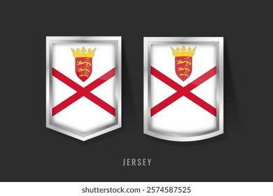 A close-up of the Jersey flag, showcasing its distinctive design with a prominent red diagonal cross on a white background and the island's coat of arms positioned at the center