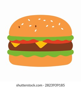 Close-up of a juicy cheeseburger featuring lettuce, tomato, cheese, beef patty, and sesame seed bun, showcasing classic fast food appeal.