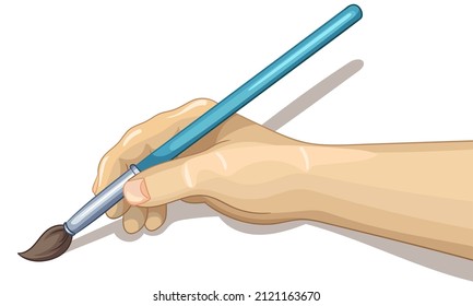 Closeup kid hand holding a paintbrush. Brush painting on white background. Color vector illustration isolated on a white background. Stock image for print and design