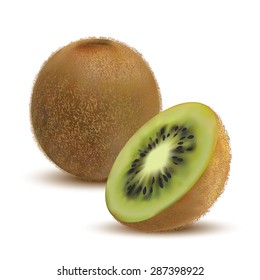 closeup kiwi and kiwi slices on a white background