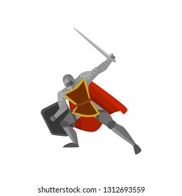 Close-up of knight in a warlike pose with raised sword in hand and lowered shield in a red cloak on white background - Shutterstock ID 1312693559