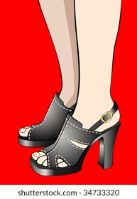 Close-up of lady's feet in stylish shoes on red