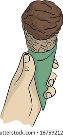 close-up left hand holding cone chocolate ice cream vector illustration sketch doodle hand drawn isolated on white background