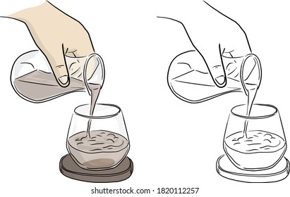 close-up left hand pouring water on glass vector illustration sketch doodle hand drawn with black lines isolated on white background