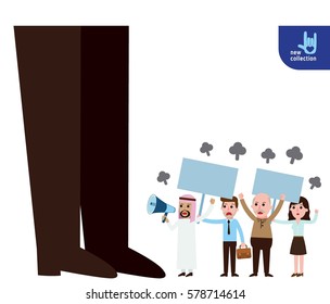 Closeup leg of boss.
business people demonstration or Protest with megaphone and placard,
Symbol of protester.
Vector flat cartoon character icon design.
revolution illustration concept.