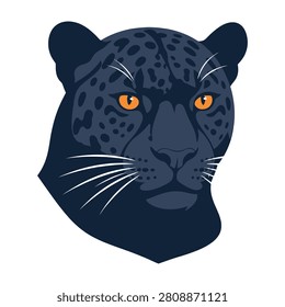 Closeup of a leopard head with orange eyes and dark spots on its face looking straight